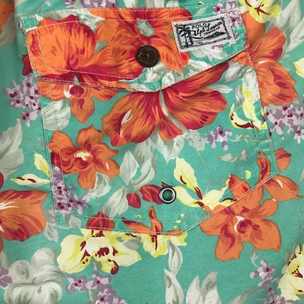 Polo Ralph Lauren Teal and Orange Hibiscus Tropical Print Swim Trunks
